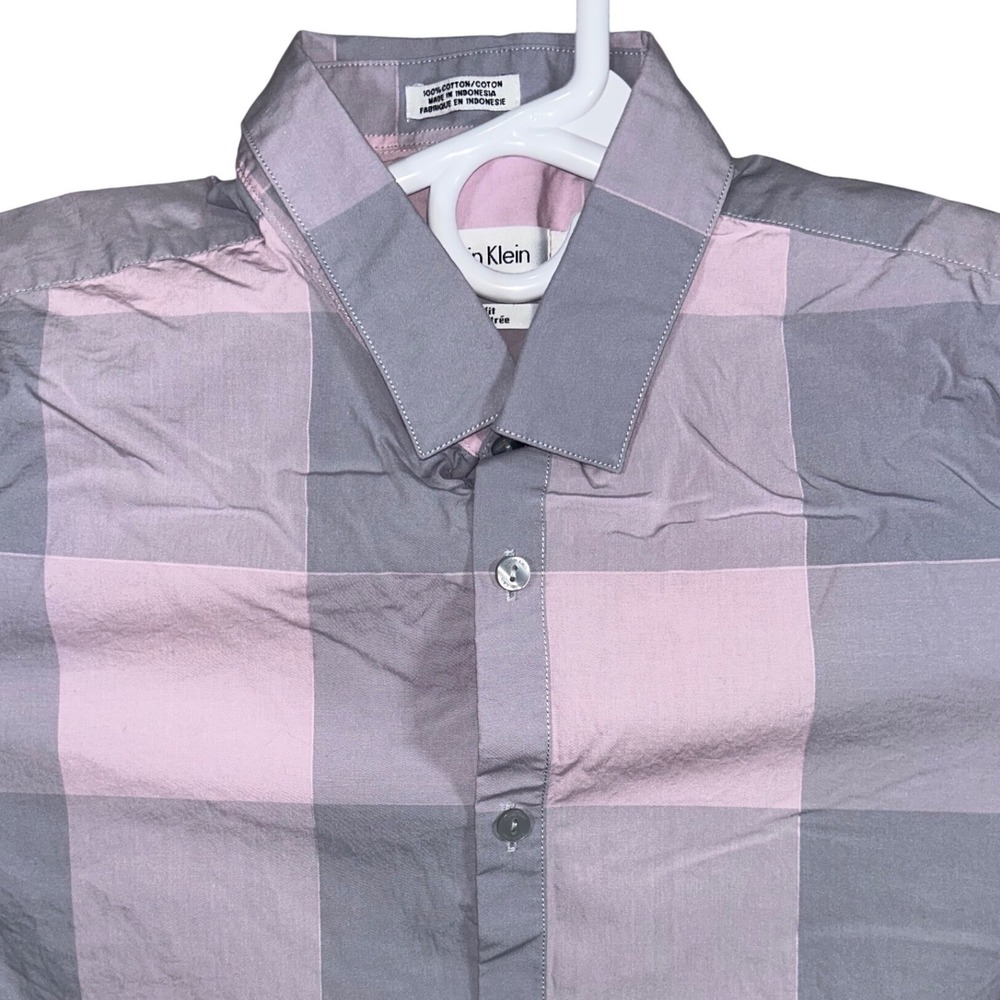 Calvin Klein Mens Body Fit Pink Grey Buffalo Check Plaid Cotton Shirt Medium